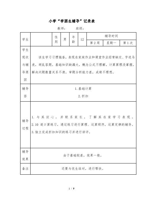 小学六年级数学学困生辅导记载表