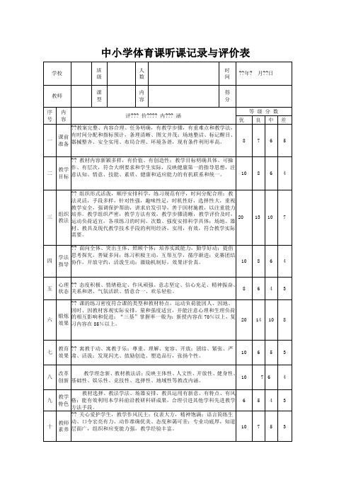 中小学体育课听课记录与评价表