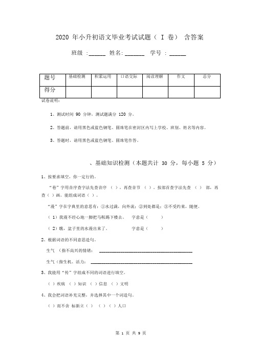 2020年小升初语文毕业考试试题(I卷)含答案