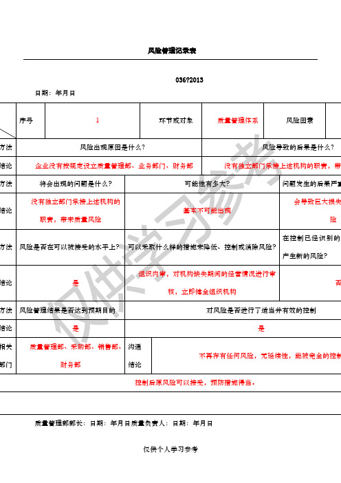 风险管理记录表填写内容