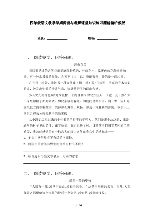 四年级语文秋季学期阅读与理解课堂知识练习题精编沪教版