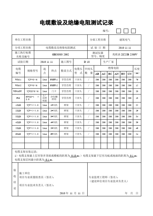 电缆绝缘电阻测试记录表