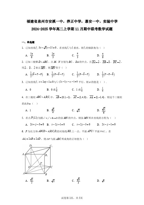 福建省泉州市安溪一中,养正中学,惠安一中,实验中学2024-2025学年高二上学期11月期中联考数学