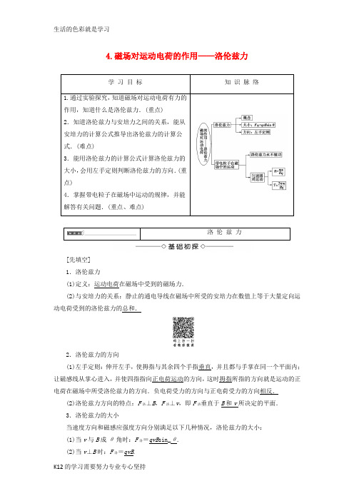 [推荐学习]2017_2018学年高中物理第三章磁场4磁吃运动电荷的作用_洛伦兹力学案教科版选修3_