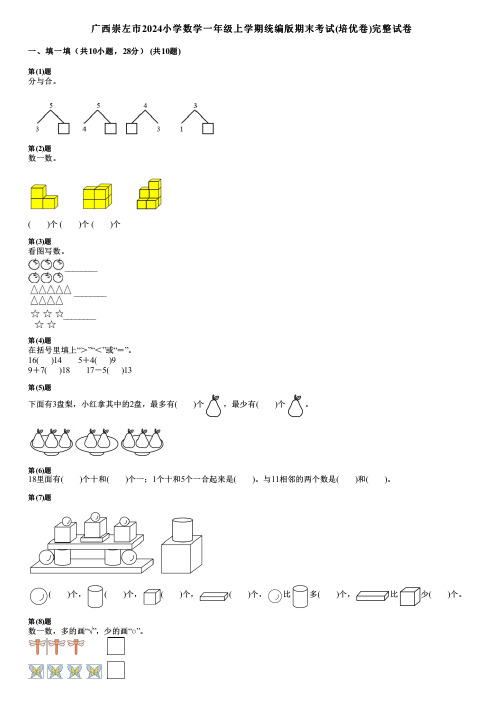 广西崇左市2024小学数学一年级上学期统编版期末考试(培优卷)完整试卷