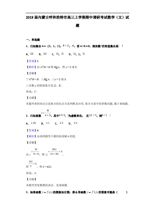 2019届内蒙古呼和浩特市高三上学期期中调研考试数学(文)试题(解析版)