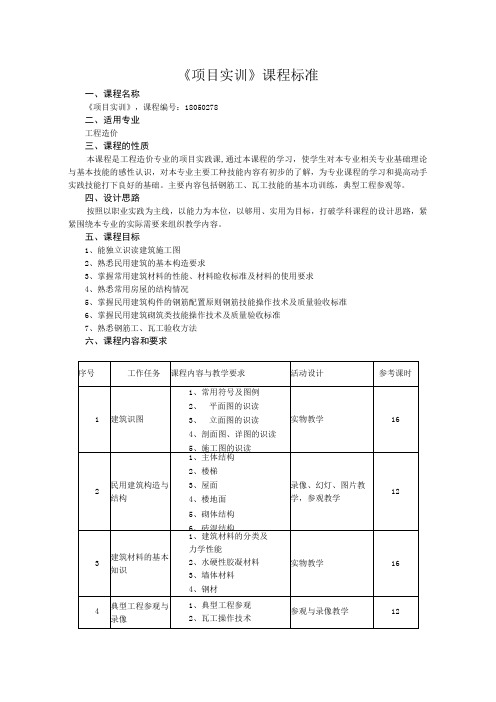 工程造价专业《项目实训》课程标准