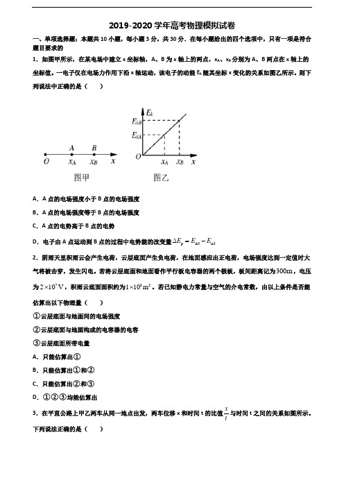 2019-2020学年山西省临汾市高考物理复习检测试题