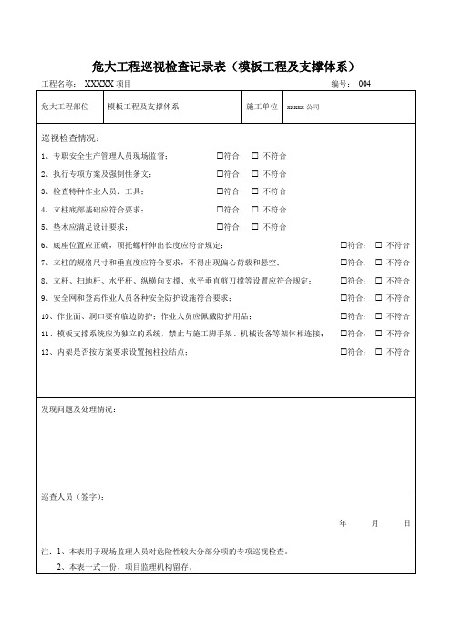 危大工程巡视检查记录表(模板工程及支模体系)通用模板