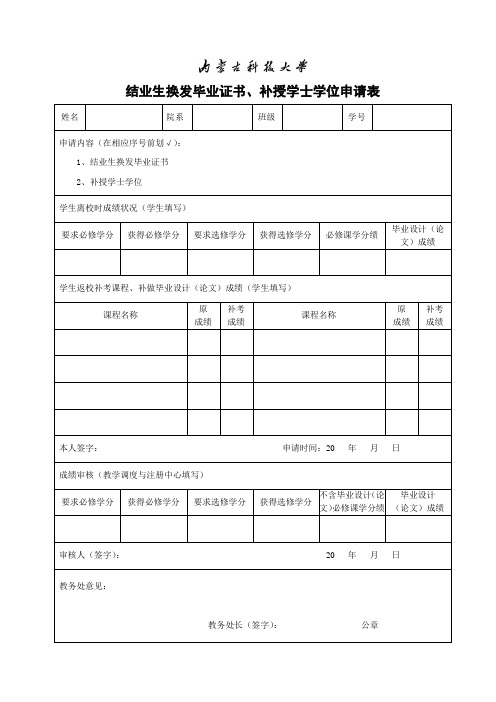 结业生换发毕业证书补授学士学位申请表