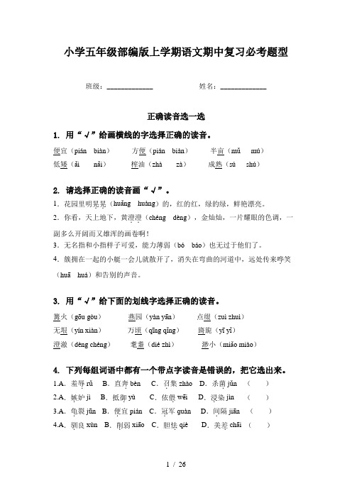 小学五年级部编版上学期语文期中复习必考题型