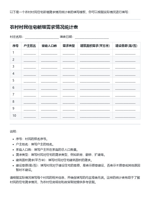 农村村民住宅新增需求情况统计表填写模板