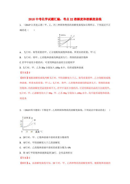 2018年中考化学试题汇编：考点22-溶解度和溶解度曲线(含解析)