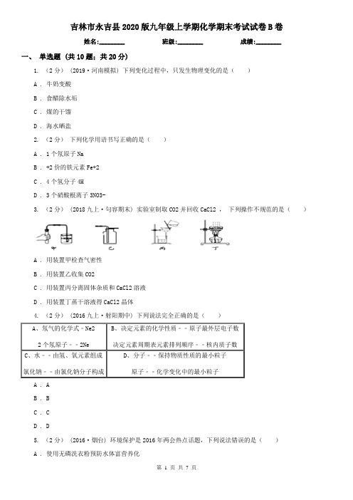 吉林市永吉县2020版九年级上学期化学期末考试试卷B卷