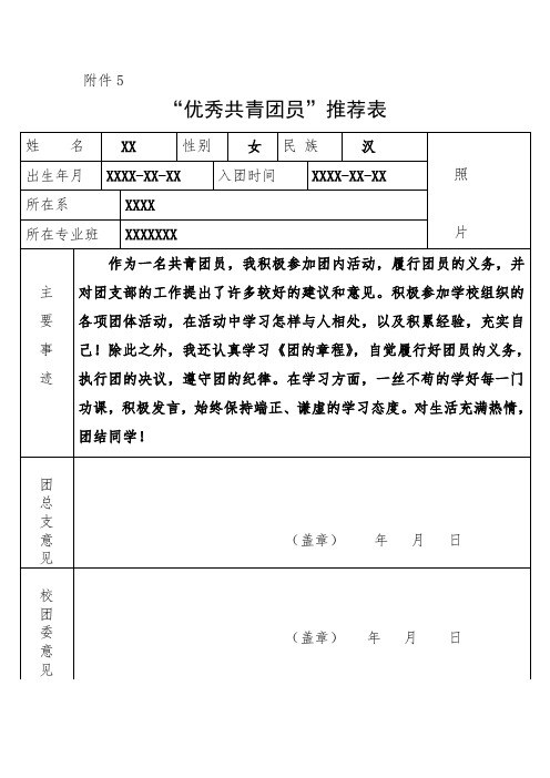 优秀团员评比表彰推荐表