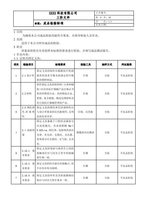 义齿成品检验标准(医疗器械)