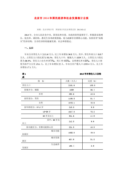 2014年北京统计公报