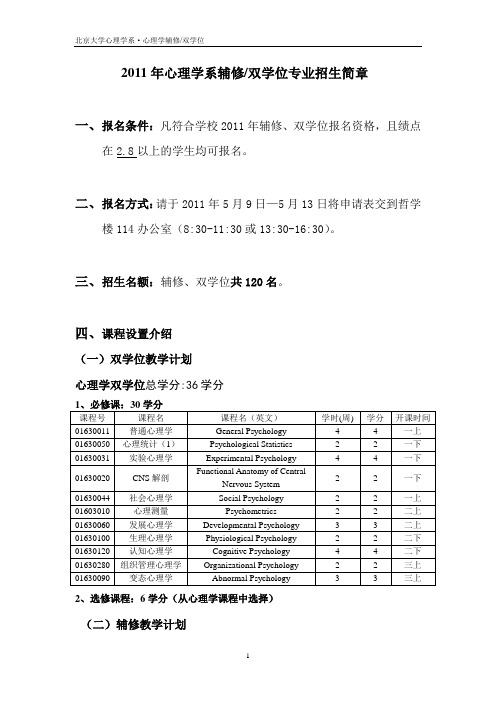 2011年心理学系辅修双学位专业招生简章