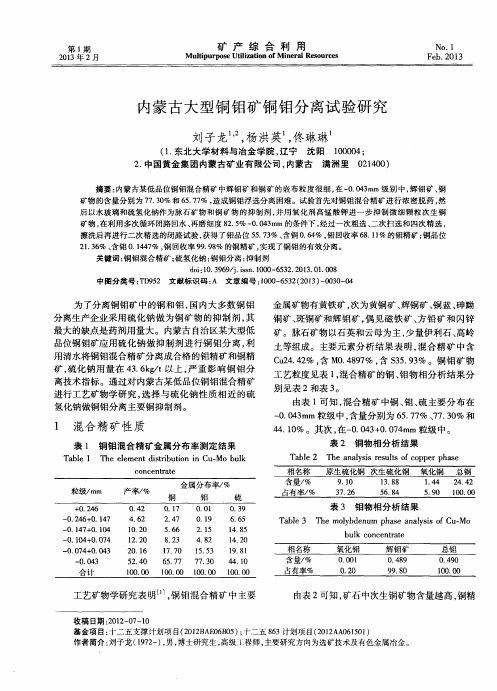 内蒙古大型铜钼矿铜钼分离试验研究