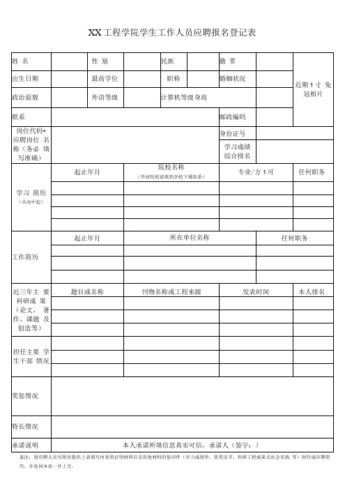 XX工程学院学生工作人员应聘报名登记表