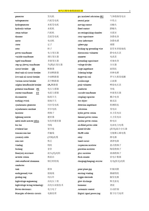 火电厂专业英文词汇之四、电气专业(中英对照)