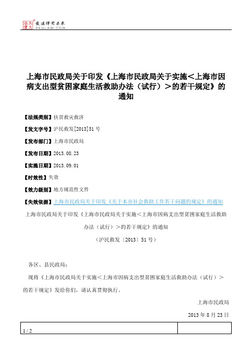 上海市民政局关于印发《上海市民政局关于实施＜上海市因病支出型