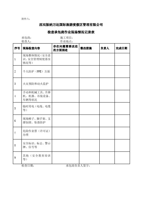 检查承包商作业现场情况记录表