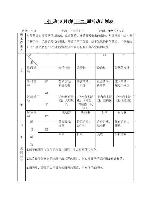 幼儿园小班第12周活动计划表