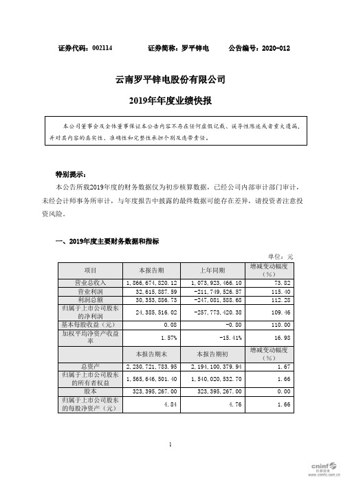 罗平锌电：2019年年度业绩快报