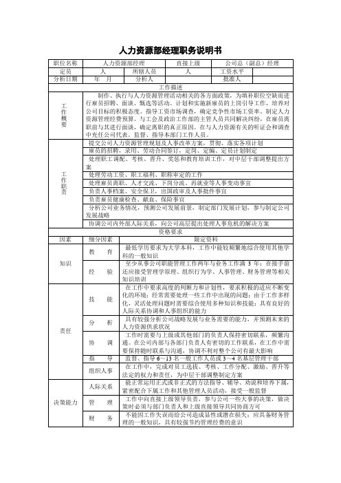 人力资源部经理职务说明书