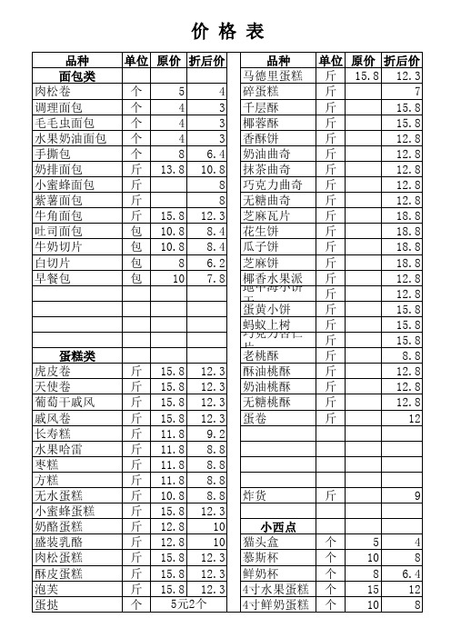 蛋糕店价目表