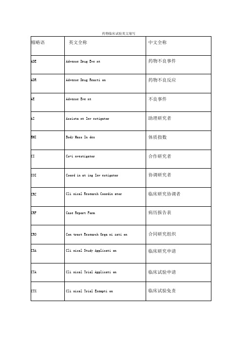 药物临床试验英文缩写