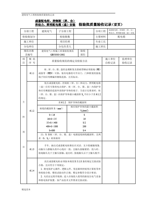 成套配电柜、配电箱检验批质量验收记录