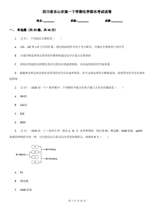 四川省乐山市高一下学期化学期末考试试卷