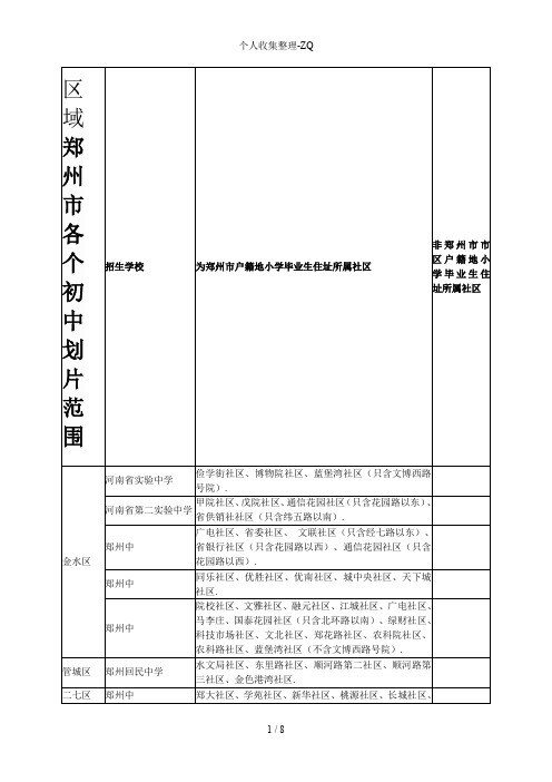 郑州市各个初中划片范围详细