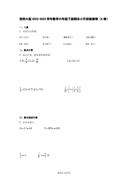 西师大版2022-2023学年数学六年级下册期末小升初检测卷(A卷)含解析