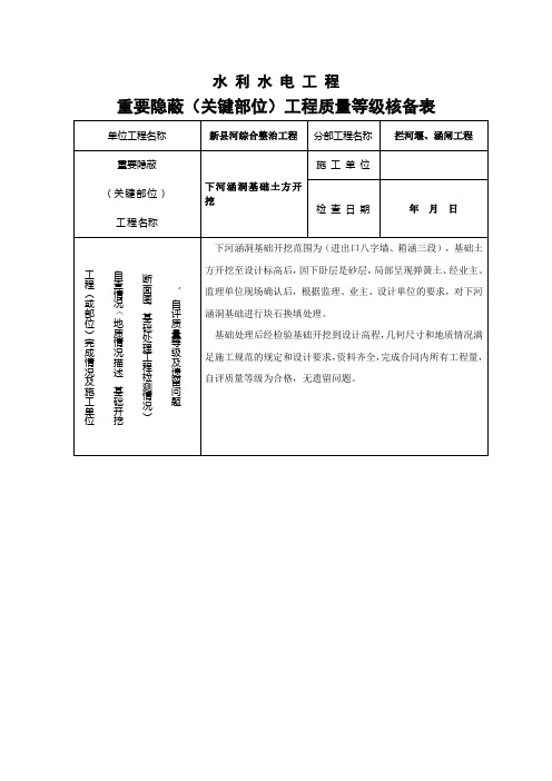 涵闸重要隐蔽(关键部位)工程质量等级核备表