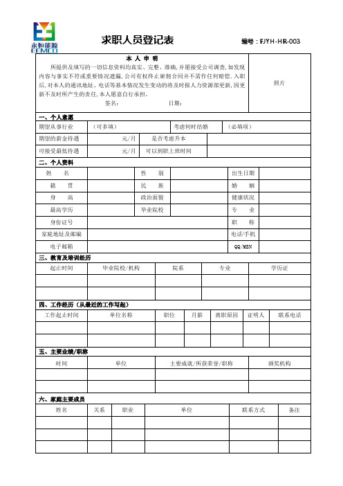 (学生)应聘登记表