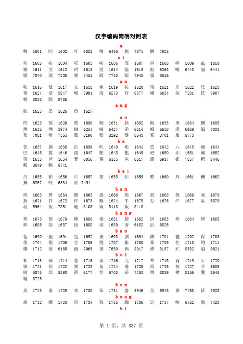 汉字编码简明对照表