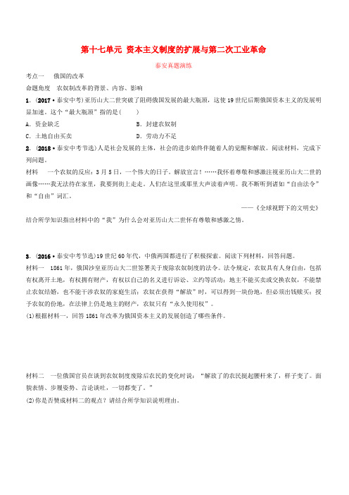 山东省泰安市2019年中考历史一轮复习第十七单元资本主义制度的扩展与第二次工业革命真题演练含答案