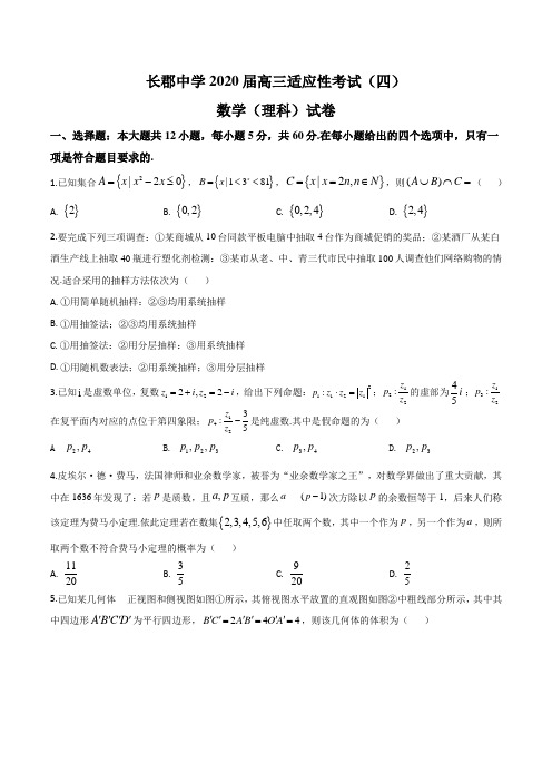 2020届湖南省长沙市长郡中学高三下学期第四次适应性考试数学(理)试题及答案