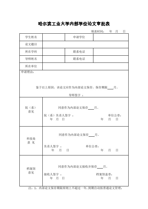 哈尔滨工业大学内部学位论文审批表