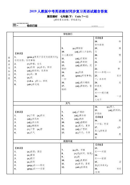 2019人教版中考英语教材同步复习含答案(第4课时七年级下Units7～12)