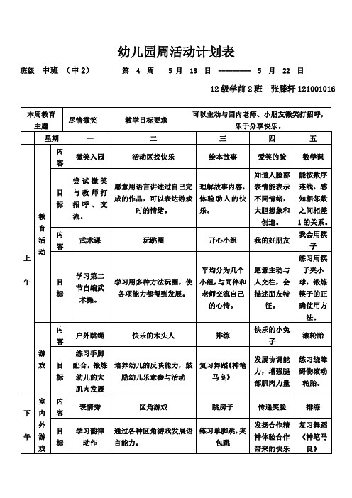 幼儿园中班周计划 12级学前2班 张滕轩121001016