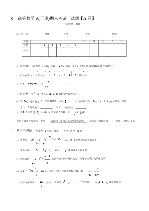 高等数学下册期末考试试题及答案