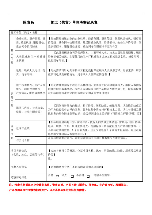 附表9  施工(供货)单位考察记录表