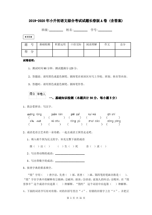 2019-2020年小升初语文综合考试试题长春版A卷 (含答案)