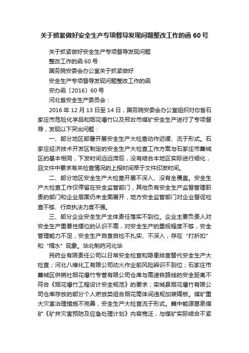 关于抓紧做好安全生产专项督导发现问题整改工作的函60号