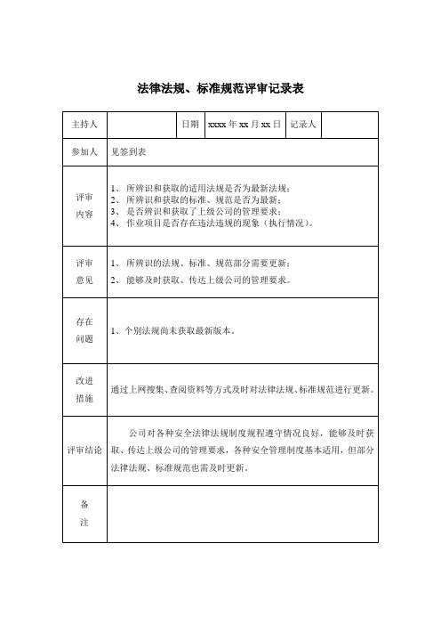 安全生产标准化法律法规、标准规范评审记录表