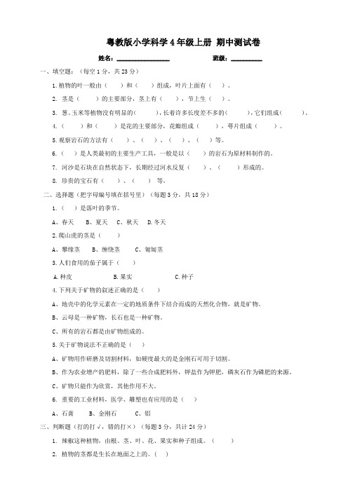 粤教粤科版小学科学四年级上册科学期中试卷